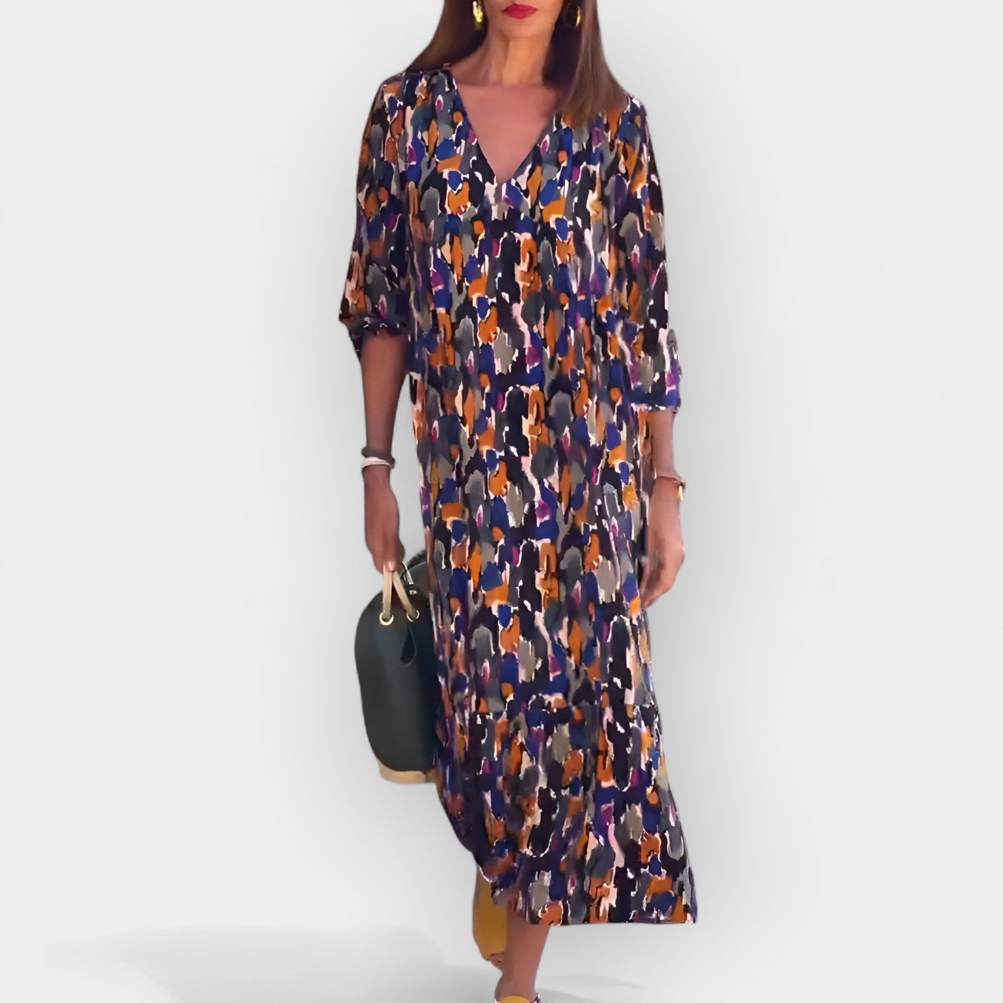 Milada – Retro V-Neck Dress with Colorful Print