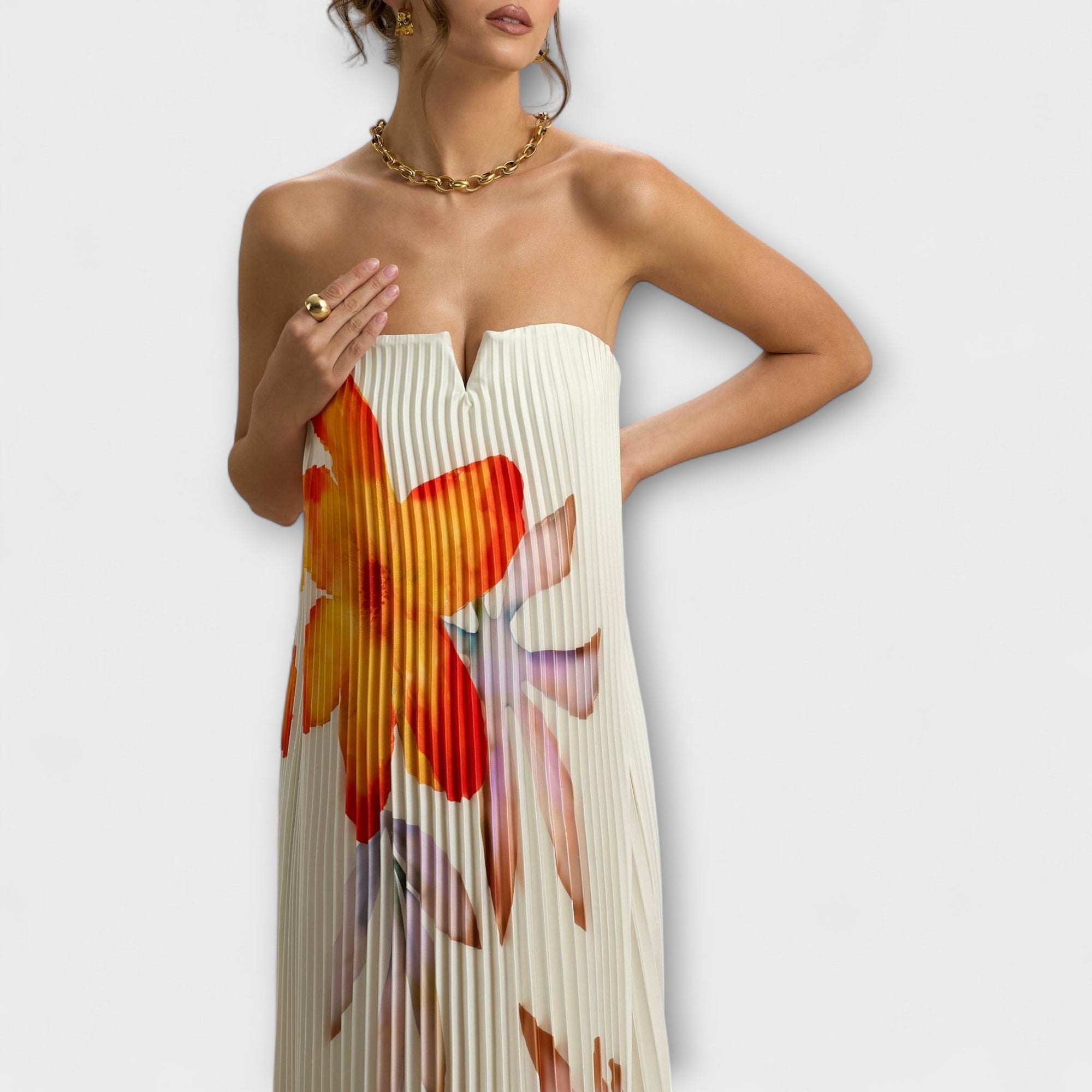 Μισέλ - Φόρεμα Maxi Sweetheart σε Πορτοκαλί Λουλούδια