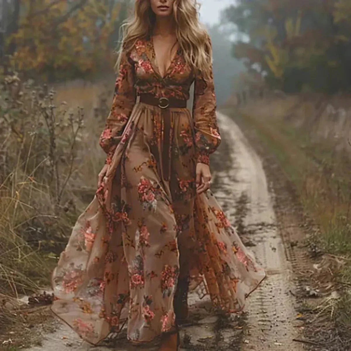 Bohemian Floral Print Maxi Dress With Long Sleeves