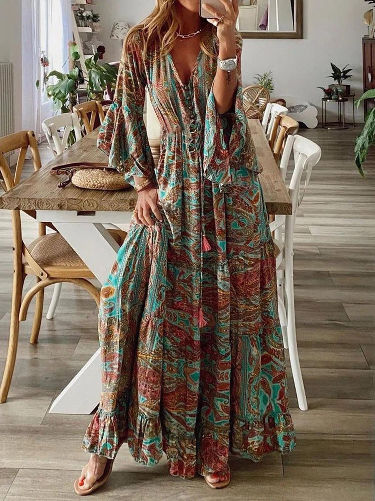 Boho Chic Ruffle Hem Bell Sleeve Maxi Dress