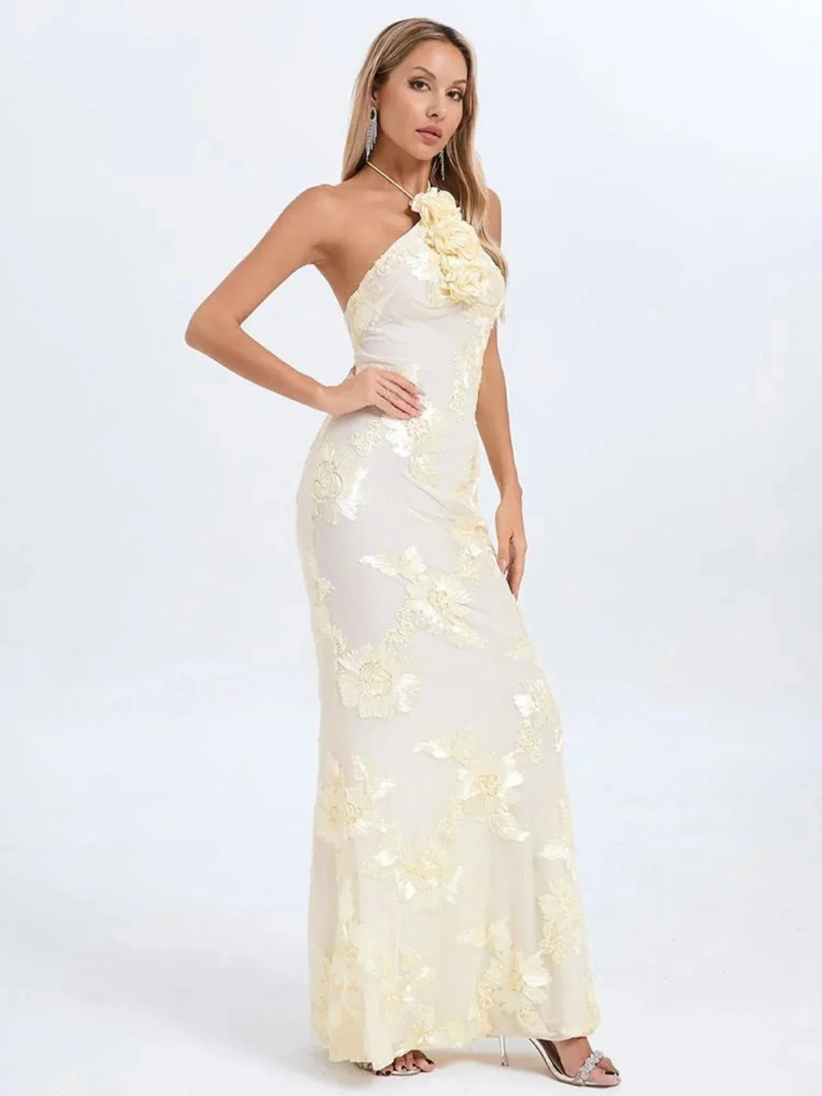 Embroidered Floral Halter Maxi Dress