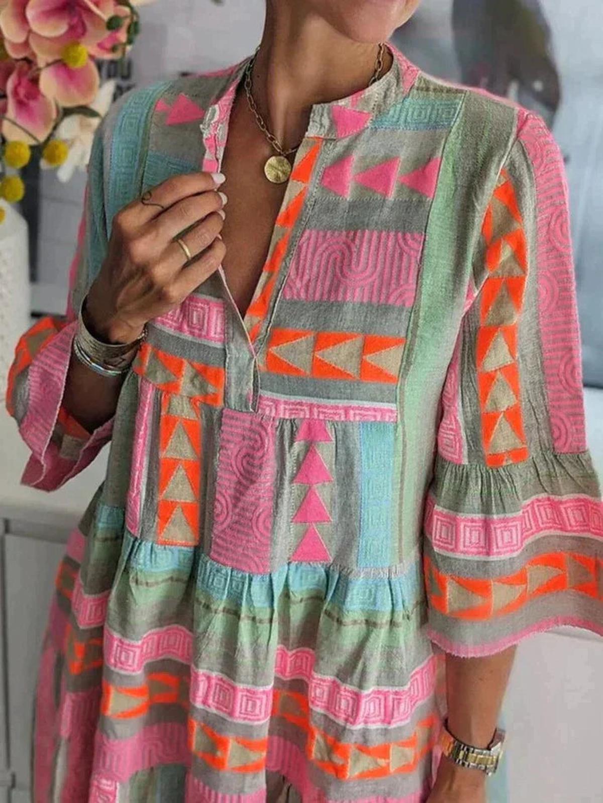 Geometric Boho Midi Dress With Three-Quarter Sleeves