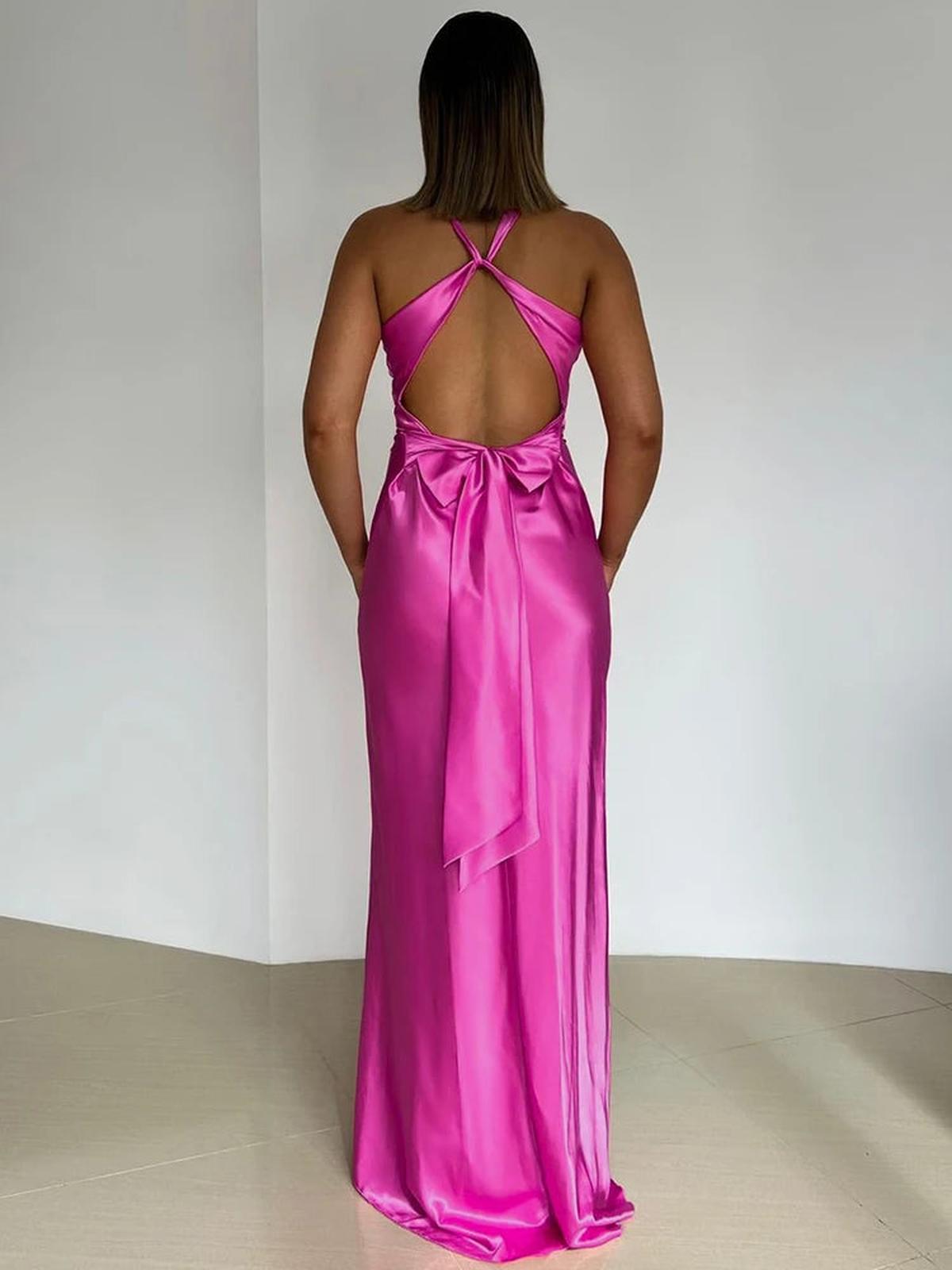 Satin Halter Neck Sleeveless Evening Gown