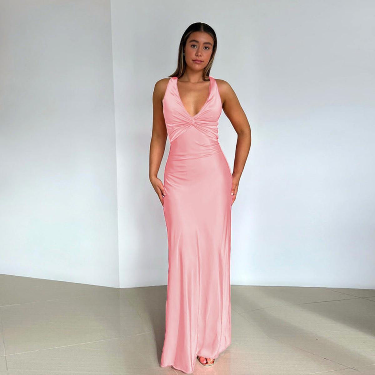 Satin Halter Neck Sleeveless Evening Gown