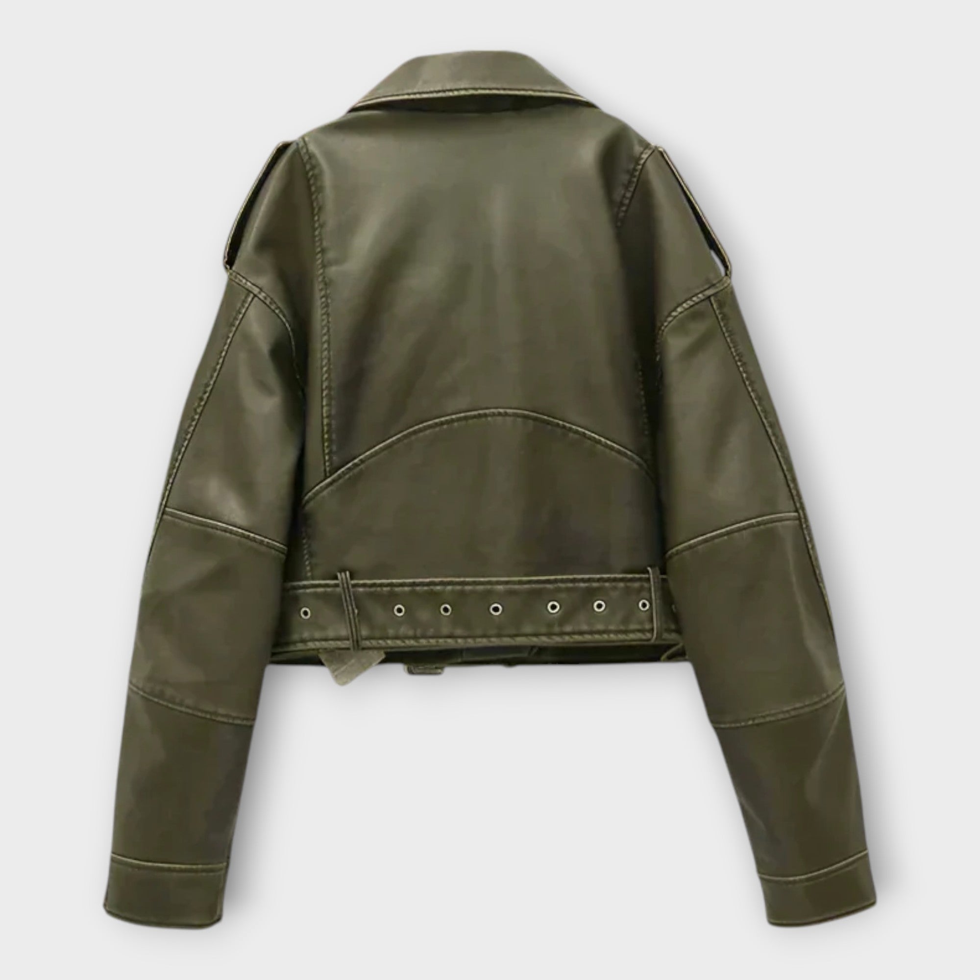 Μοντέρνα Κοντή Δερμάτινη Ζακέτα με Ζώνη και Εκλεπτυσμένη Αισθητική