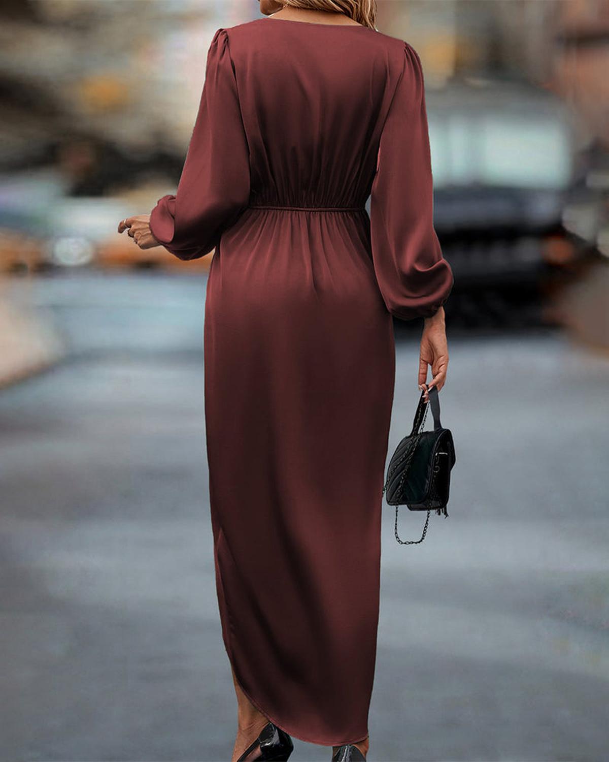 Women's V-Neck Lantern Sleeve Dress
