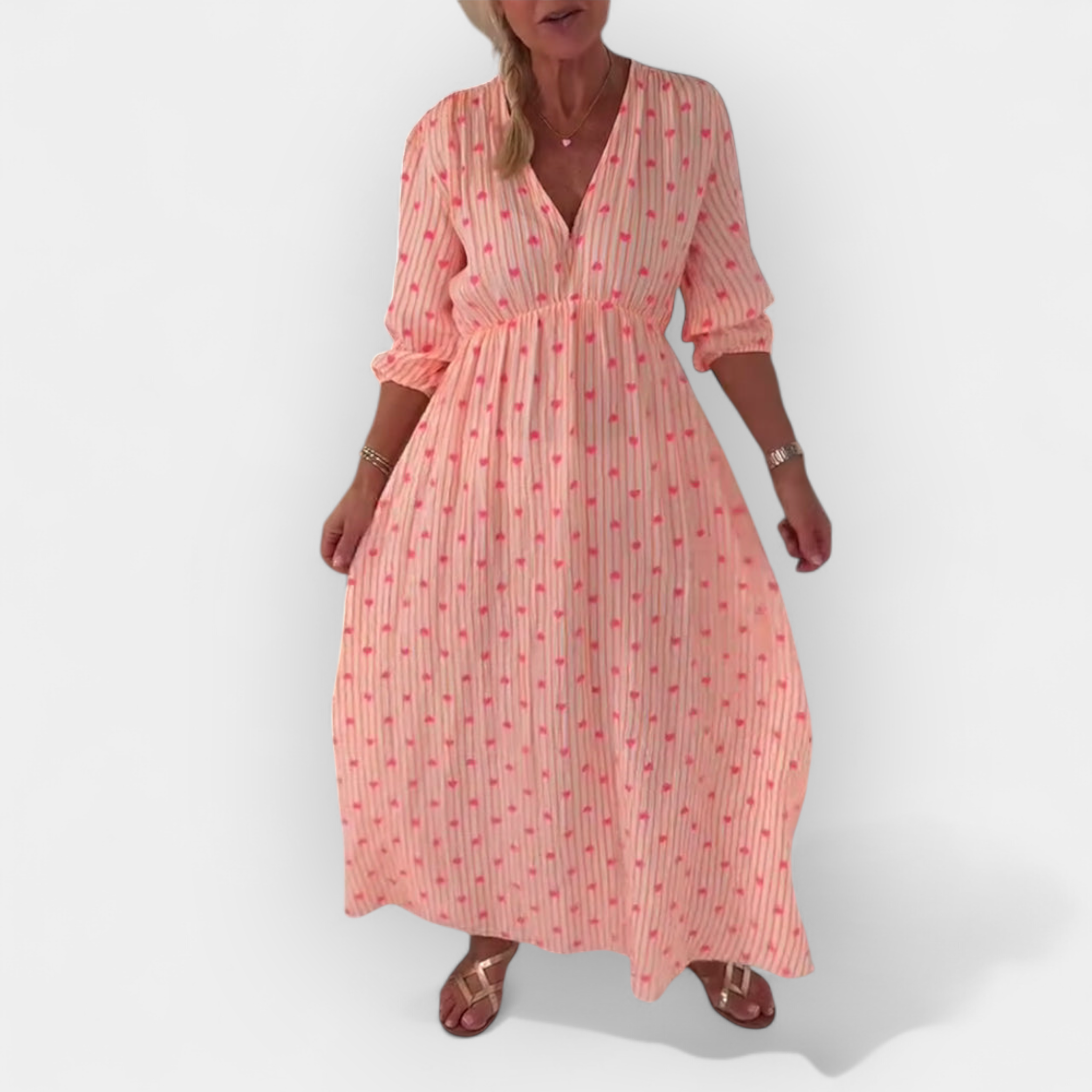 Elegant V-Neck Dress with Heart Pattern