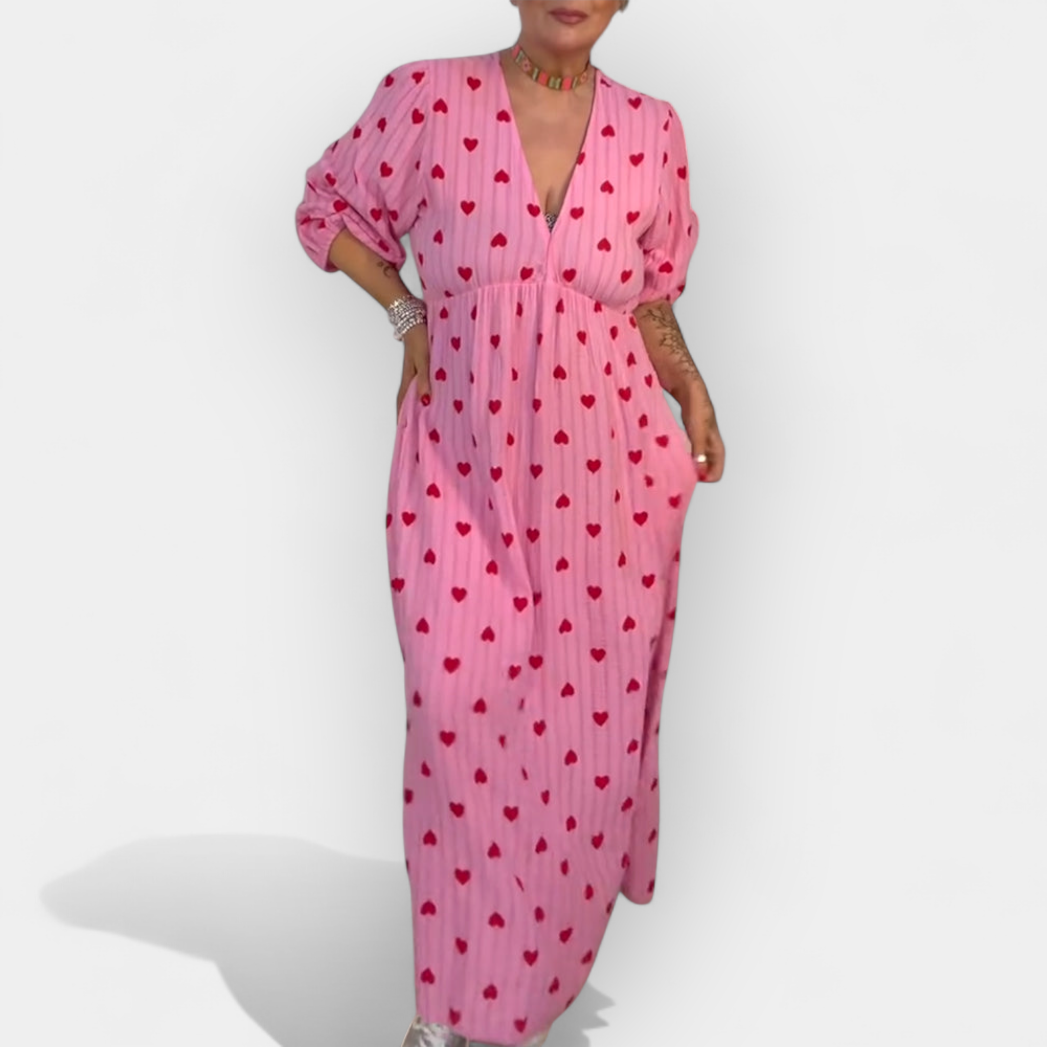 Elegant V-Neck Dress with Heart Pattern