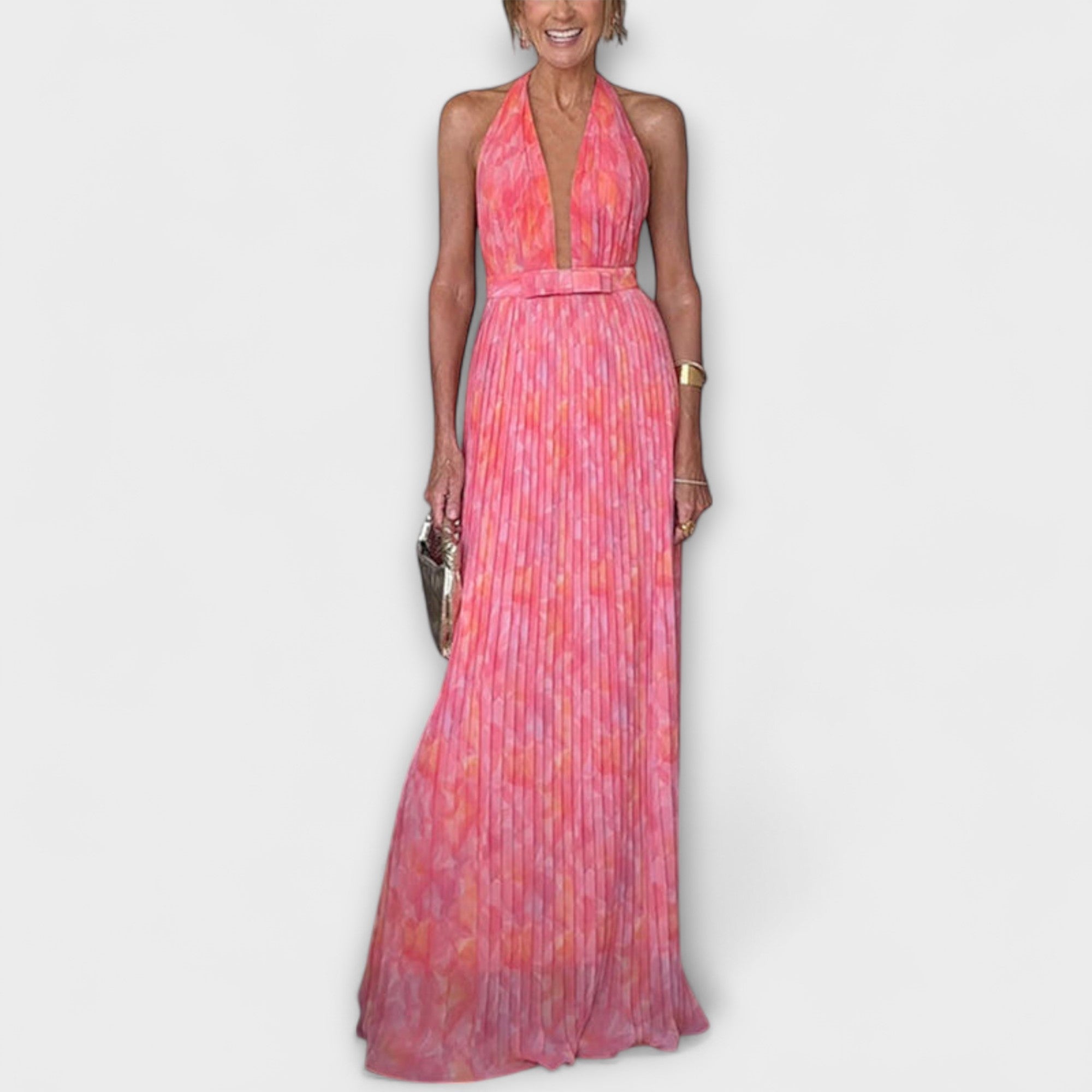 Seraphina – Elegant Halter Dress with V-Neck and Pleats