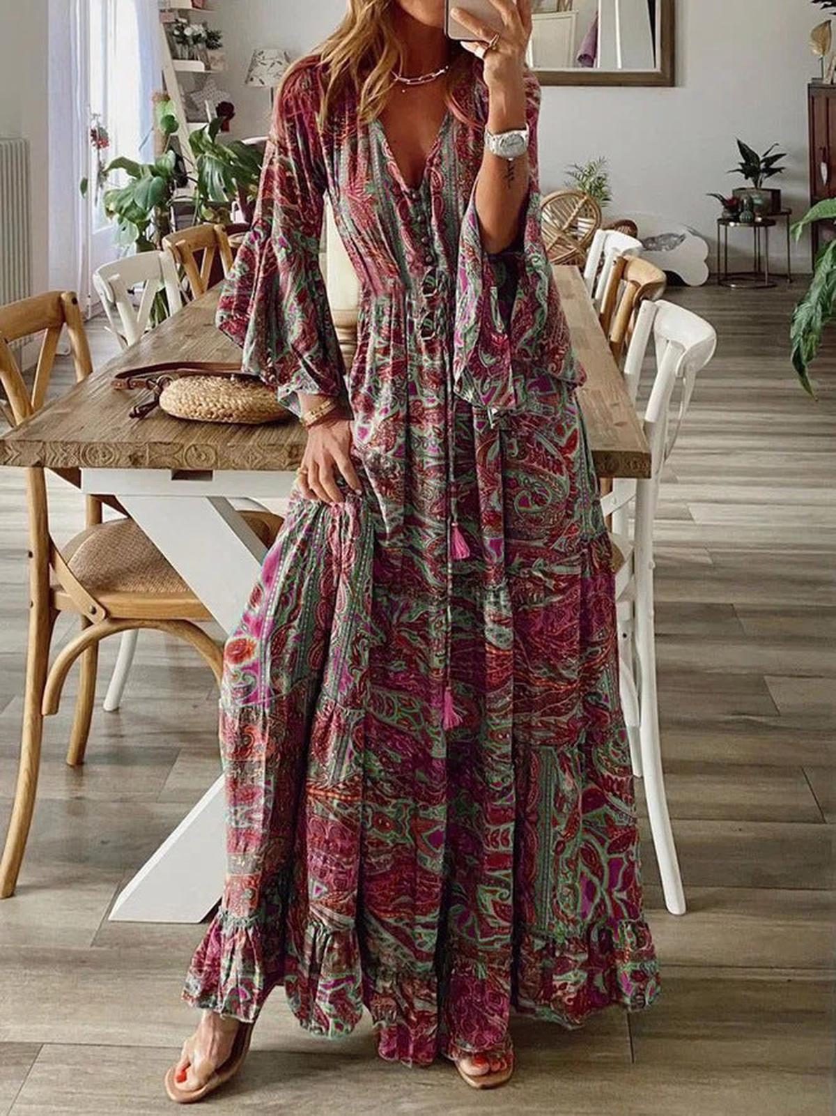 Boho Chic Ruffle Hem Bell Sleeve Maxi Dress