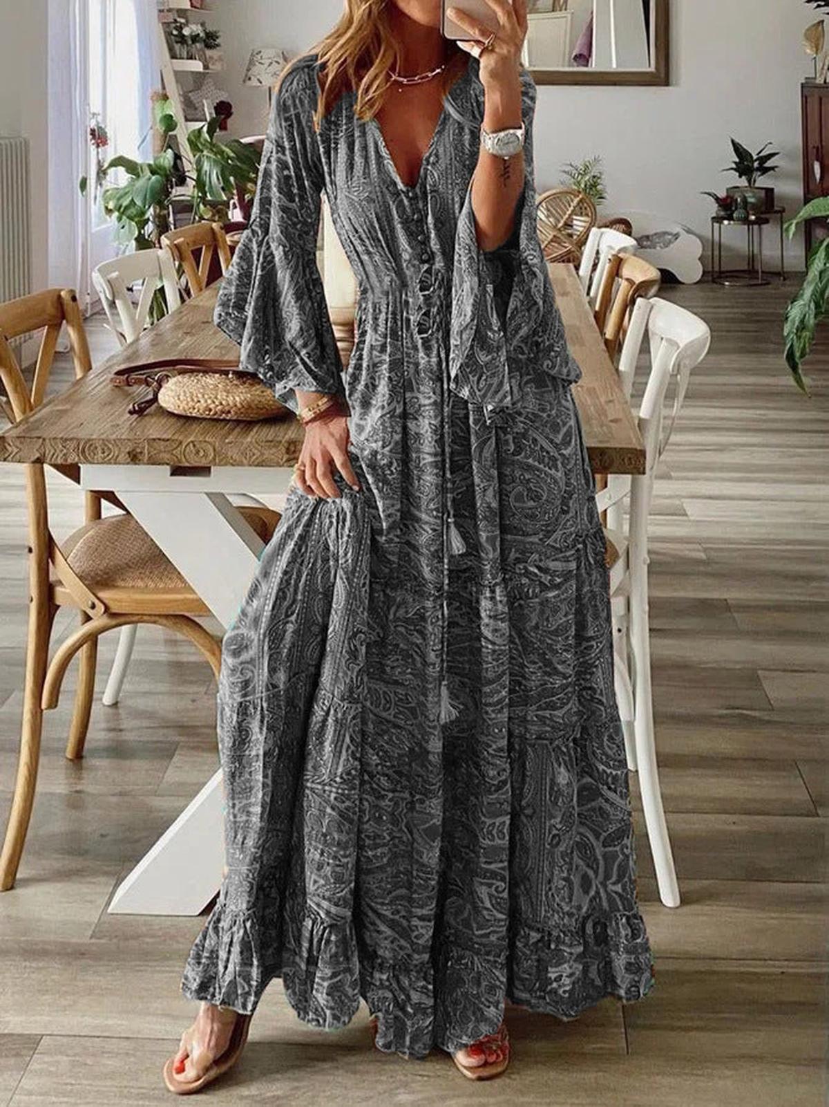 Boho Chic Ruffle Hem Bell Sleeve Maxi Dress