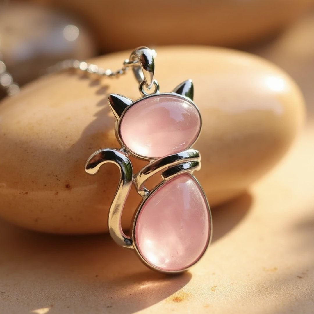 Κολιέ με κρεμαστό γατάκι από φυσική πέτρα