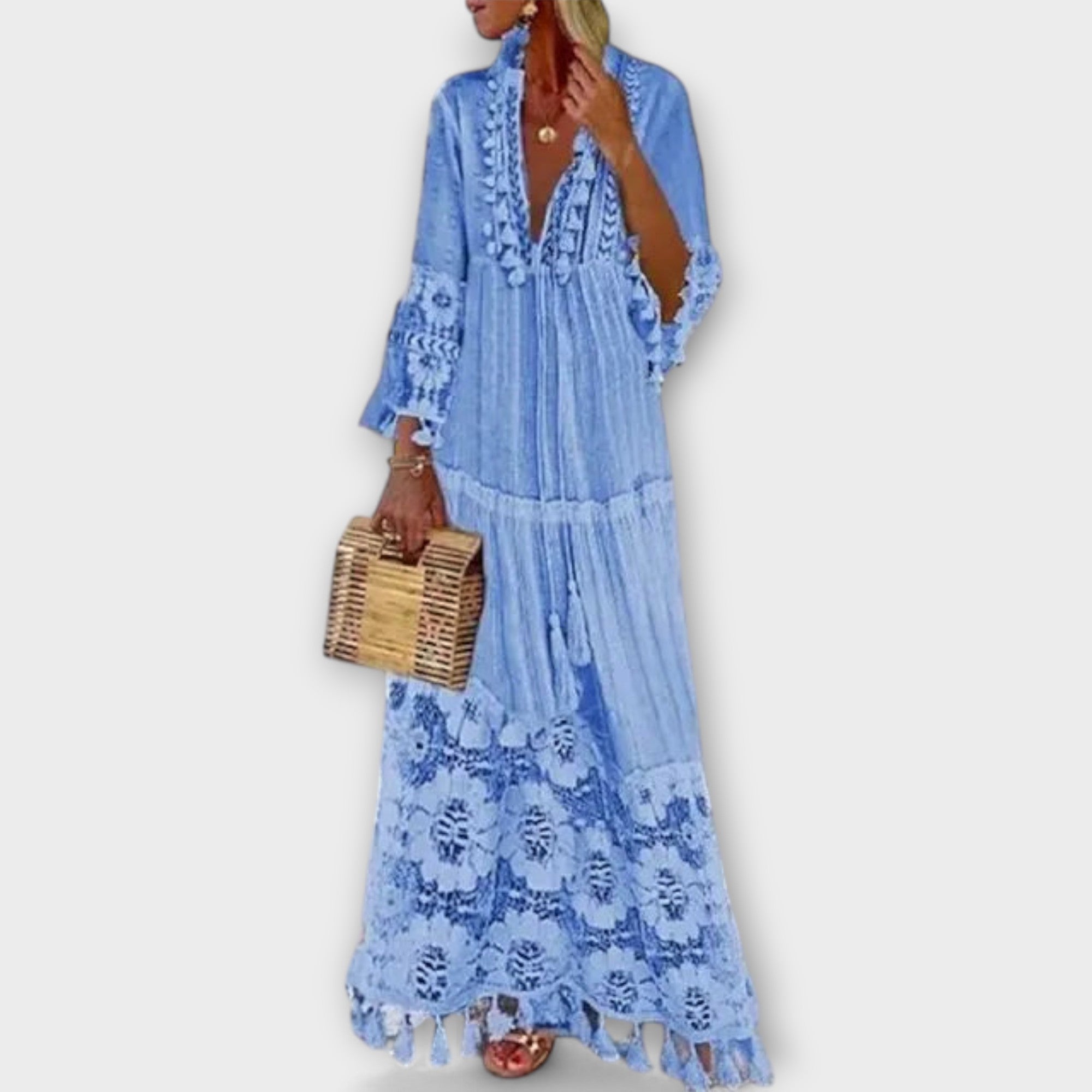 Κλασικό Μακρύ Φόρεμα Στυλ Μποέμ με Μακριά Μανίκια, Δαντέλα και Φούντες