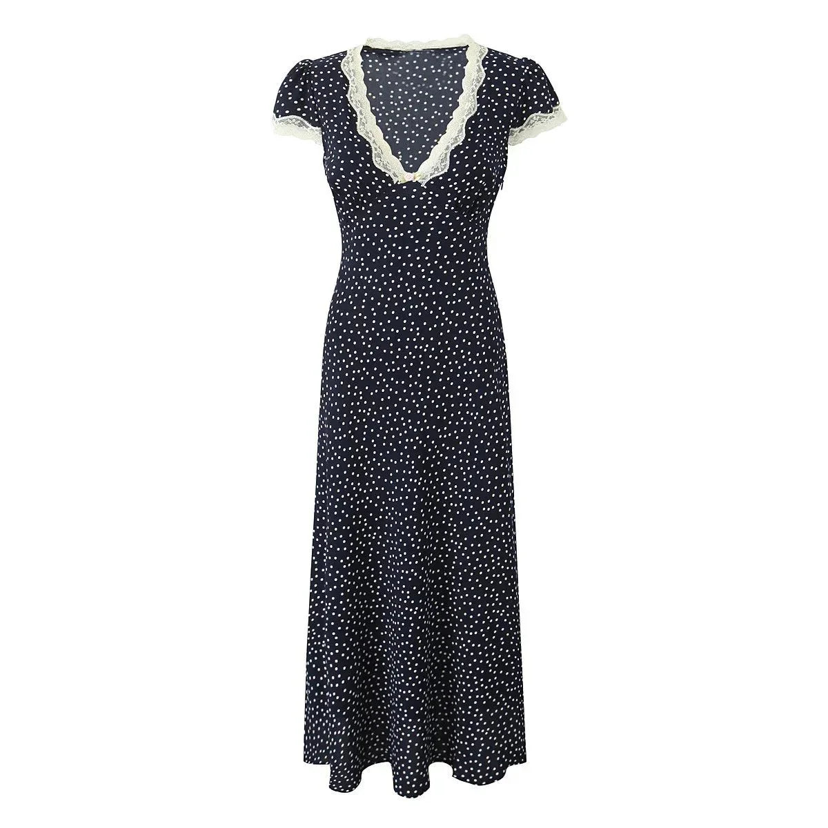 Polka Dot Lace-Trim Midi Dress