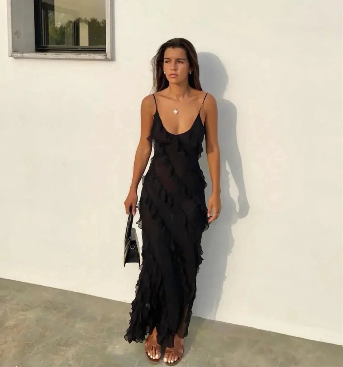 Semi-Sheer Ladder Ruffle Zippered Maxi Dress