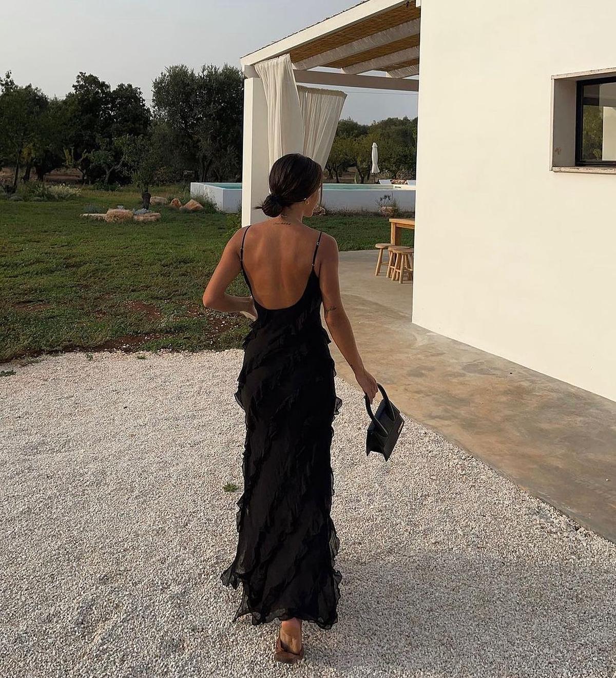 Semi-Sheer Ladder Ruffle Zippered Maxi Dress