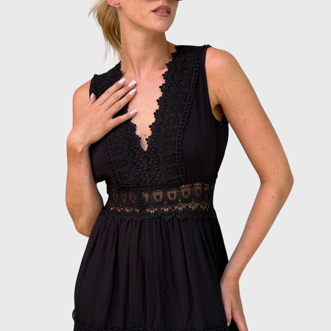 Νινφέα | Αμάνικο Midi Φόρεμα σε Boho Στυλ με Λεπτομέρειες Δαντέλας