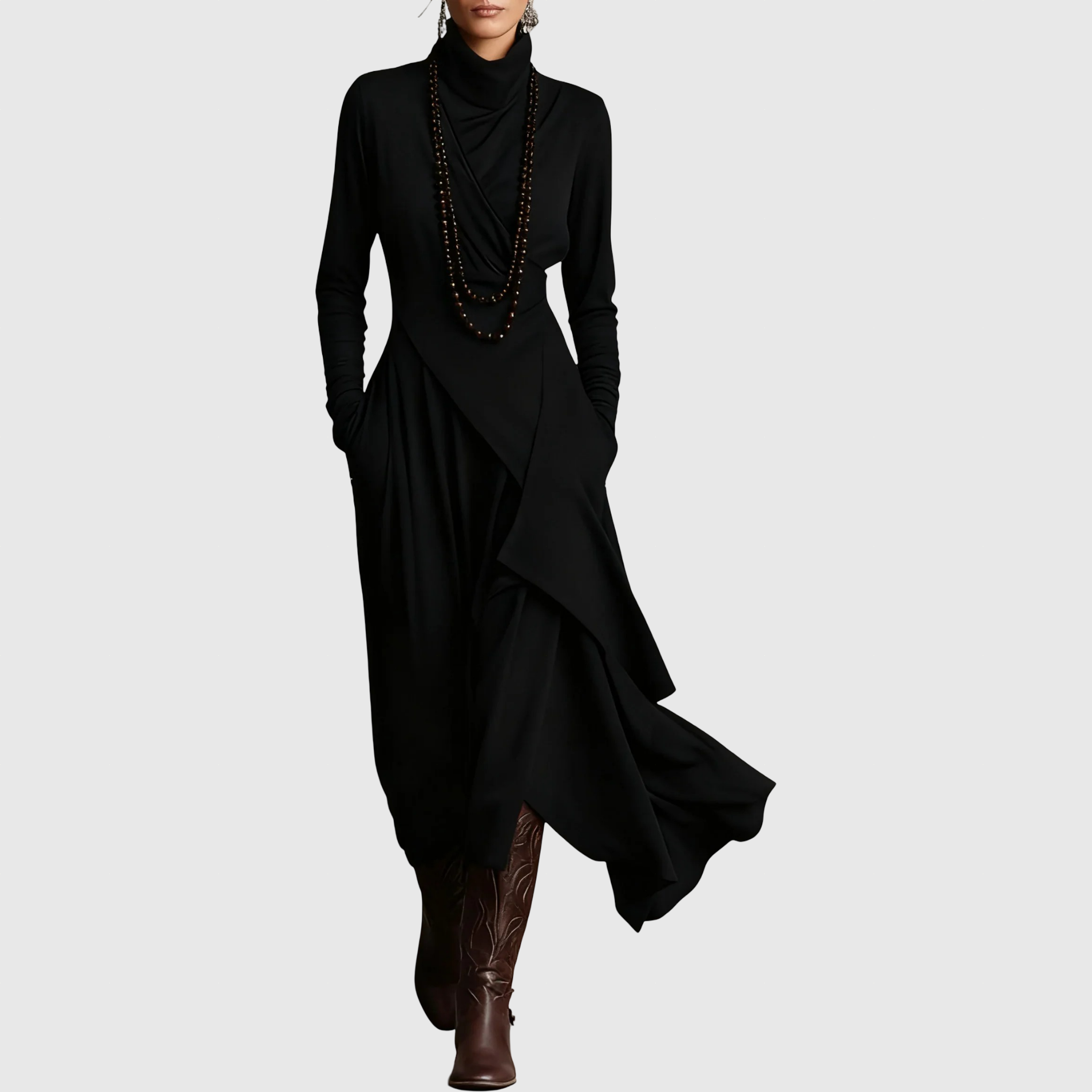 Sandra | Ασύμμετρο μακρύ πλισέ φόρεμα με ψηλό γιακά σε μοβ χρώμα