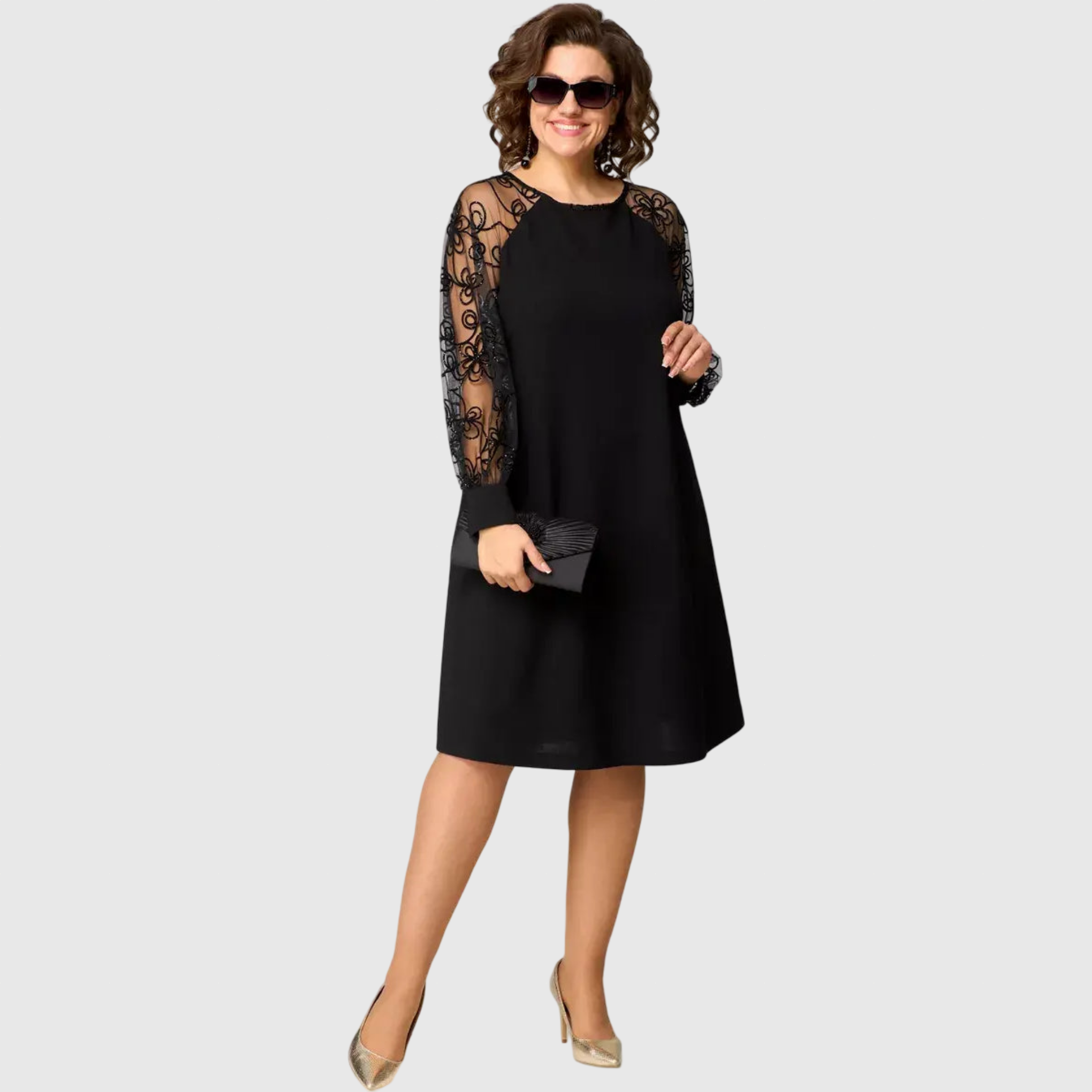 Aira | Κομψό μαύρο φόρεμα με δαντελένια μανίκια